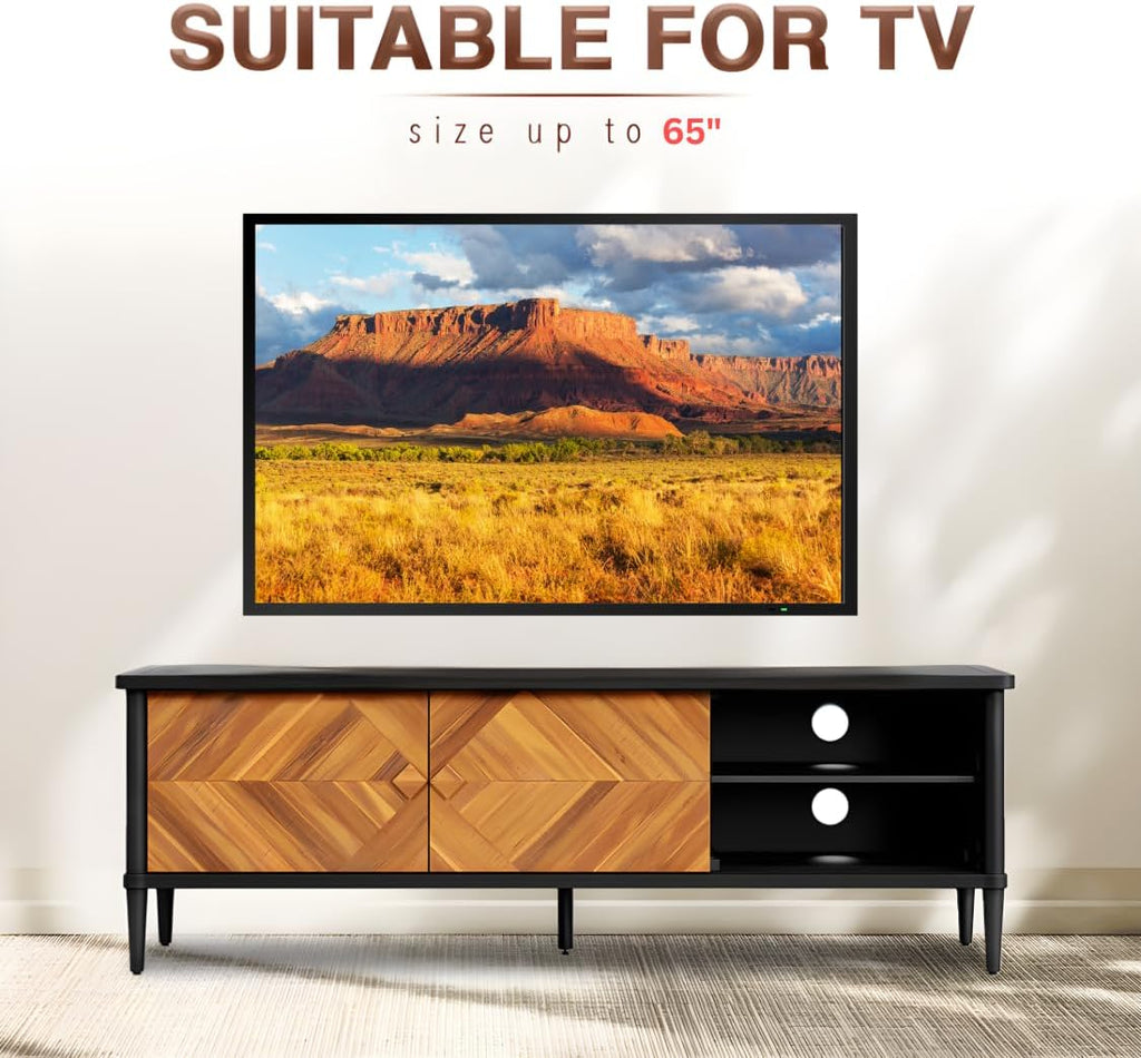Howizz Lenia 63" Solid Acacia Wood TV Media Console 65 70 75 Inch | Farmhouse Rustic Mid Century Modern TV Stand Living Room, Entertainment Center Storage & Cabinets, Black Brown Teak