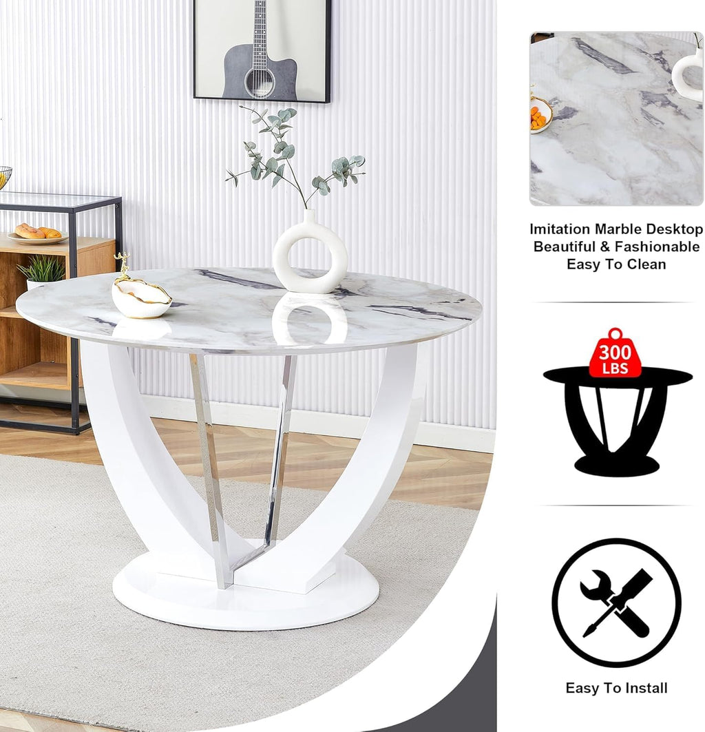 47" White Round Glass Dining Table Set 4 | Marble Pattern Kitchen Table with 4 PU Chairs, Modern High Glossy White Base Table for Kitchen Dining Room