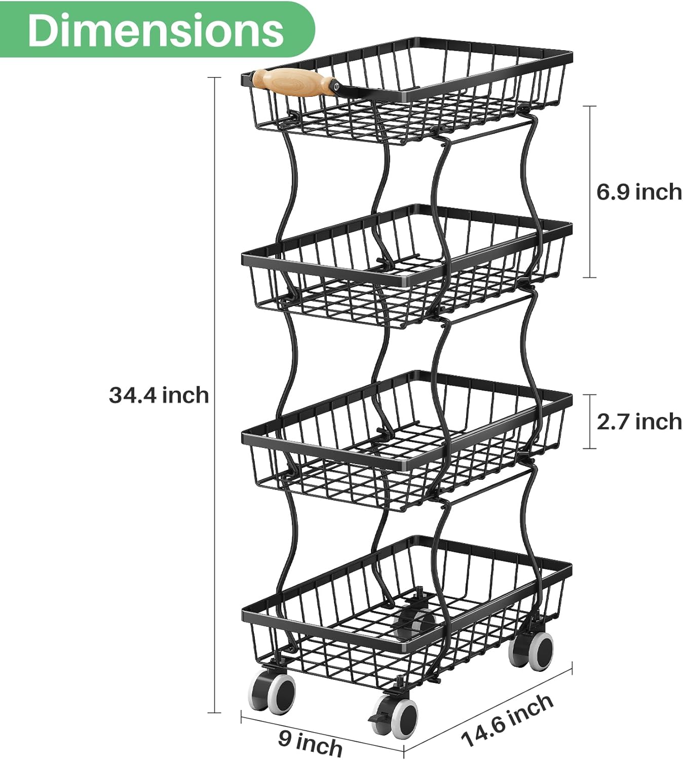 SAYZH Fruit Basket Kitchen Pantry Organizers and Storage - 4 Tier Stackable Metal Wire Basket Stand for Fruit Vegetable Snacks Jars Bins Containers Organization(Black, 4 Tiers)