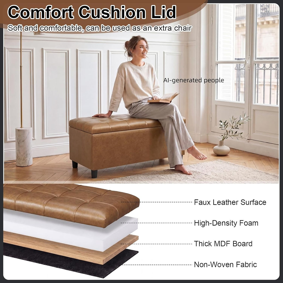 Asense Storage Ottoman Bench,Faux Leather Upholstered Ottoman with Storage,End of Bed Bench with Safety Hinge,for Entryway,Bedroom,Living Room