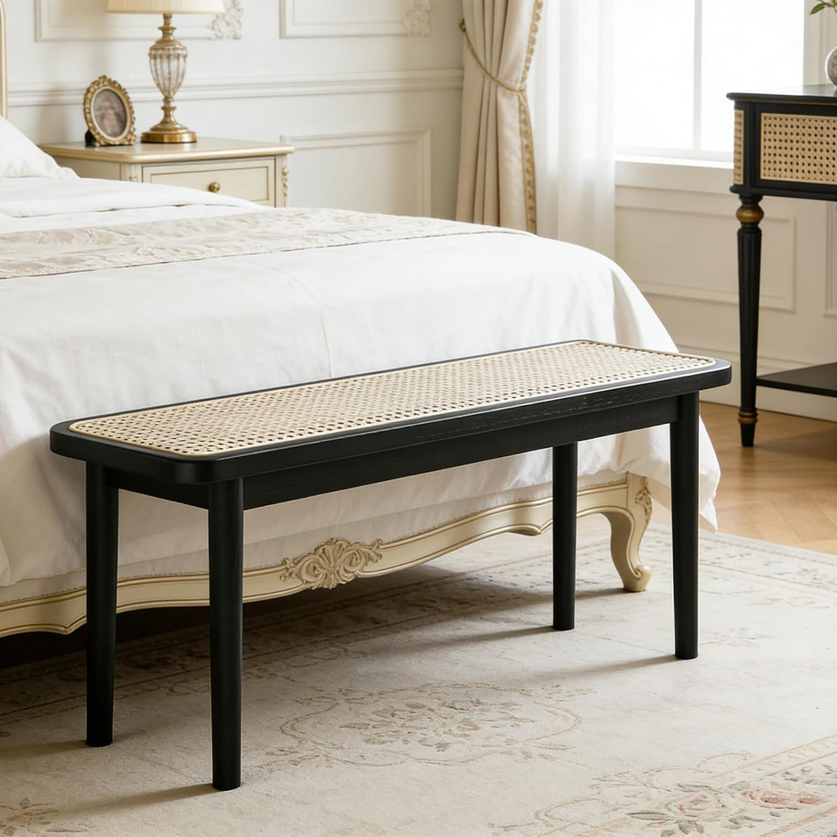 39 Inch Black Skinny Bench with Handwoven Rattan - Dining Bench, Solid Oak Frame for Kitchen, Restaurant, Entryway or Hallway