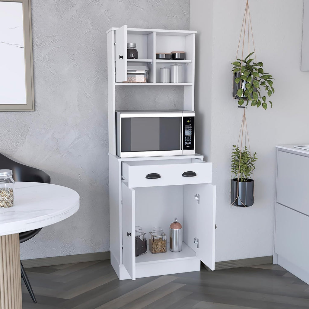 Kitchen Pantry 67" H, Two Cabinets, Three Doors, Two Open Shelves, One Drawer, Microwave Storage Option, White