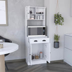 Kitchen Pantry 67" H, Two Cabinets, Three Doors, Two Open Shelves, One Drawer, Microwave Storage Option, White