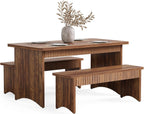 LITTLE TREE 55" Dining Table with 2 Benches, Dining Table Set for 4-6 People, Farmhouse Kitchen Table with Bench, Dining Room Table Set