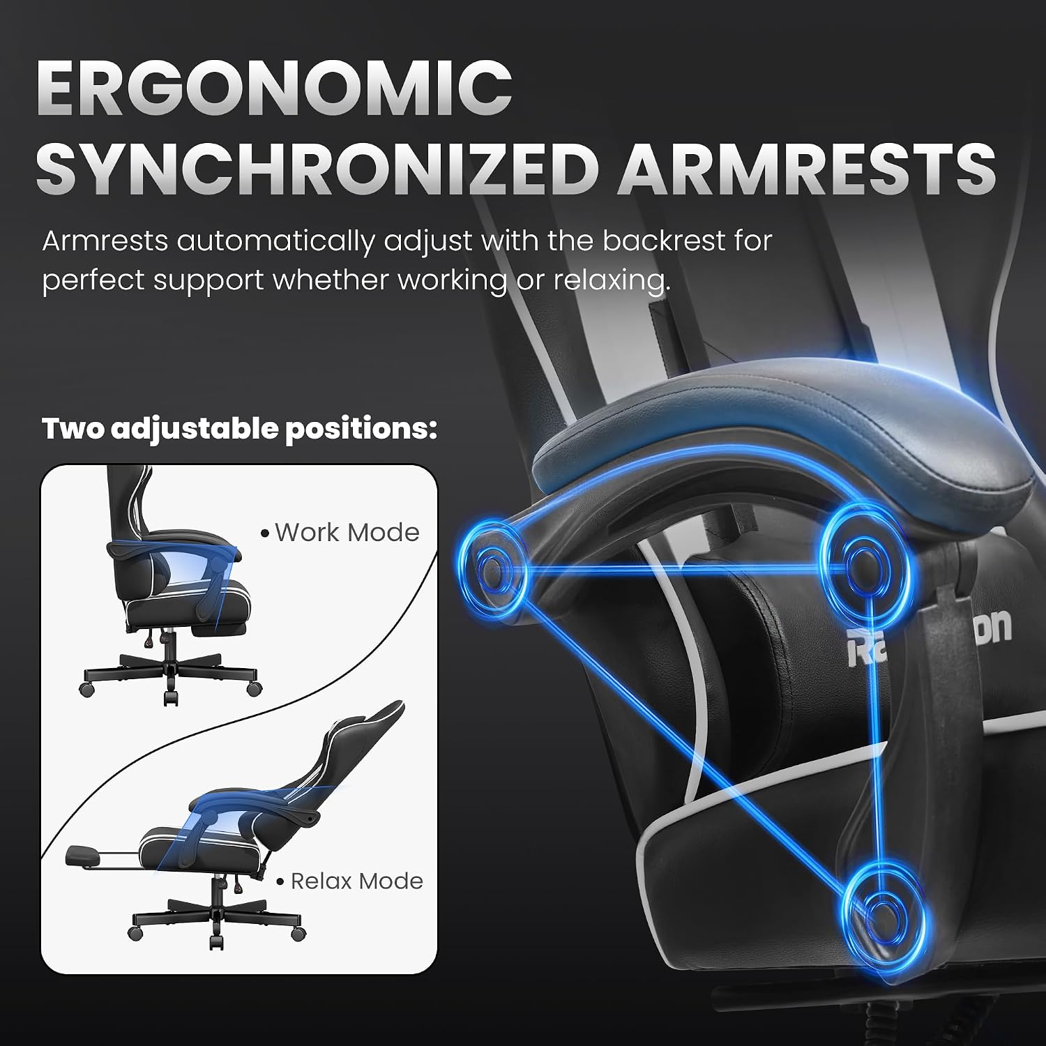 Gaming Chair for Adults Gamer Game Ergonomic PC Chair, 7-Point Support | Pocket Springs & Foam,51cm Wide Seat,Sync Armrests, 90°-135° Backrest, PU Leather, Black and White, 400lbs Load