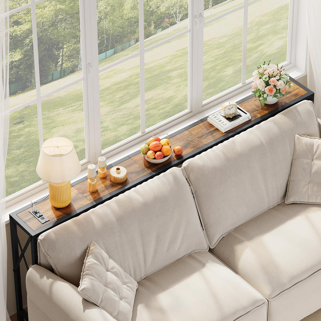 Gewudraw 70" Sofa Table Behind Couch with Oulets-Narrow Console Table,Brown | Industrial Style, Long Skinny Design,Couch Table For Hallway,Living Room,Bedroom, Built-In Power Outlets & USB, 172cm Length