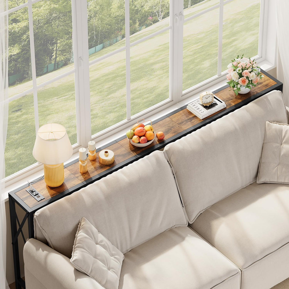 Gewudraw 70" Sofa Table Behind Couch with Oulets-Narrow Console Table,Brown | Industrial Style, Long Skinny Design,Couch Table For Hallway,Living Room,Bedroom, Built-In Power Outlets & USB, 172cm Length