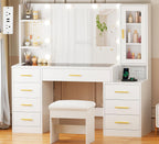 ANWBROAD 49.2" Large Vanity Desk with Mirror and Lights, Glass Top Vanity | White Makeup Vanity Desk with 8 Drawers, Power Outlet, Nightstand 5 Hooks Vanity Table with Stool for Bedroom Women UBDT88W