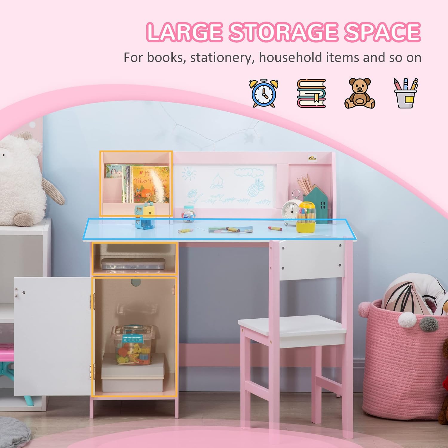 Toddler Table and Chair Set with Whiteboard and Storage Cabinet, Pink | Kids Writing Desk and Homework Table for Drawing, Learning, and Playroom Activities