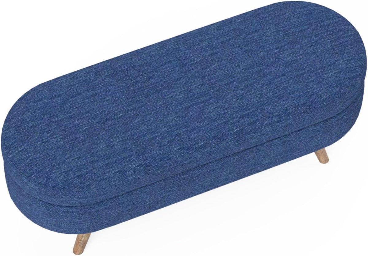 Oval Storage Ottoman Bench with Hidden Storage and Foam Padded Seat, Upholstered Entryway Footstool with Rubber Wood Legs, Decorative Bedroom End of Bed Accent Furniture for Living Room (Blue)