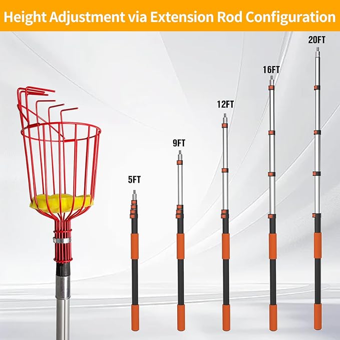 26FT Reach Fruit Picker Pole, Telescopic Picking Pole with Gentle Grip Claw & Collapsible Basket, Adjustable Apple Picker Pole Tool for Avocado Orange Lemon Pear Mango