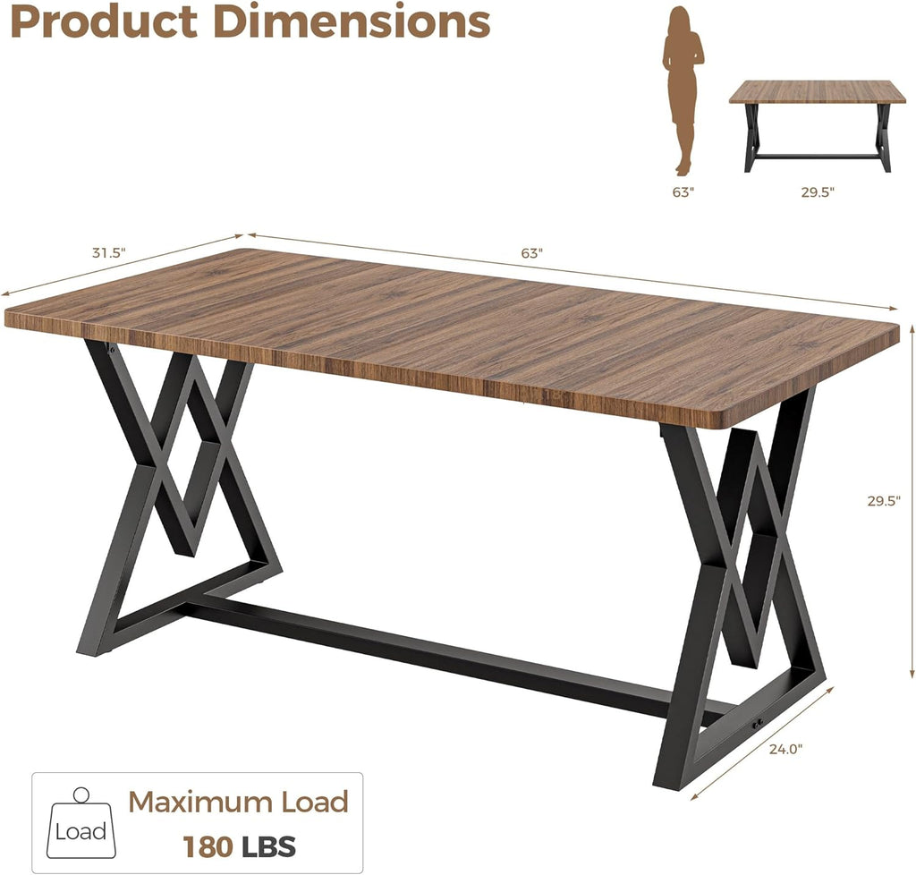 IRONCK 63" Dining Table for 4-6, Modern Rectangular Kitchen Table with Sturdy Metal Frame & Geometric Legs for Dining Room, Easy Clean-Brown