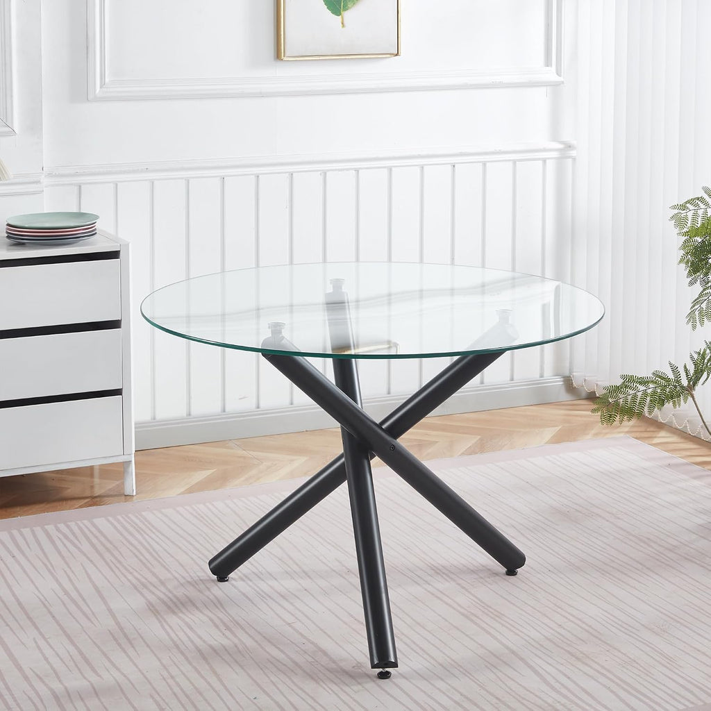 Modern Dining Room Table for 4 People, 36" Round Dining Table with Black Chrome Metal X-Base, Circle Tempered Glass Dining Room Tables, Small Dining Table Kitchen Tables Dinner Tables
