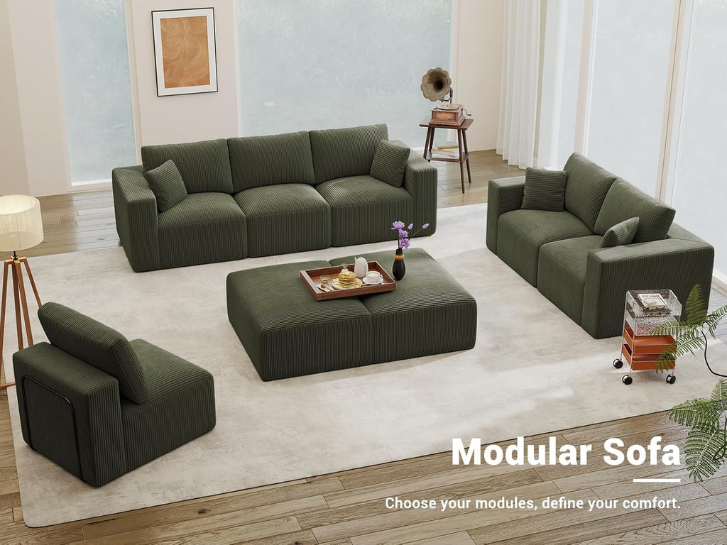 Modular Loveseat Couch Cloud Couches for Living Room - 79" Sofa - No Assembly Required, Cozy Corduroy Convertible Full Sponge Compression Sofas for House, Apartment(Green)