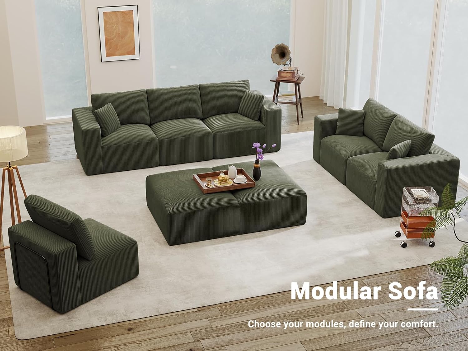 Modular Loveseat Couch Cloud Couches for Living Room - 79" Sofa - No Assembly Required, Cozy Corduroy Convertible Full Sponge Compression Sofas for House, Apartment(Green)