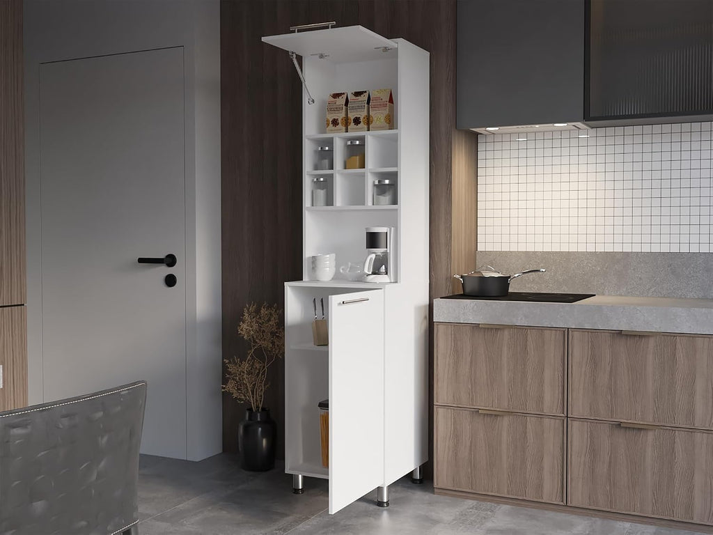 White Kitchen Pantry with Pneumatic Door and Open Storage | Pneumatic door for smooth opening and concealed storage space