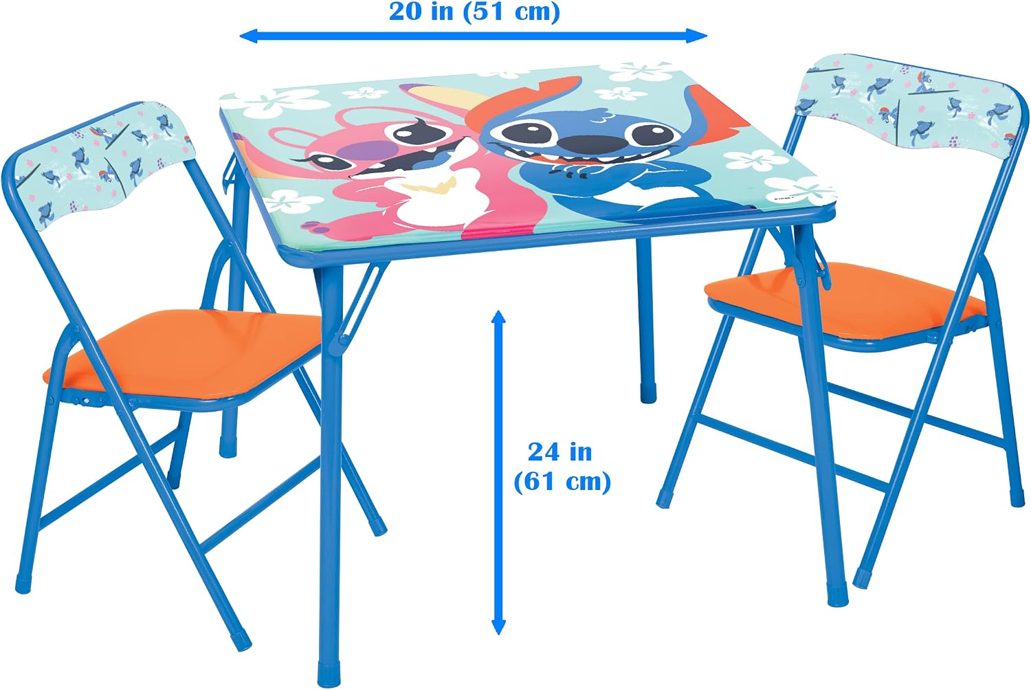 JAKKS Pacific Stitch Kids Table & Chairs Set for Kid and Toddler 36 Months Up to 7 Years, Includes: 1 Table (24" L x 24" W x 20" H), 2 Chairs (13" L x 13.5" W x 21" H) Weight Limit: 70 lb
