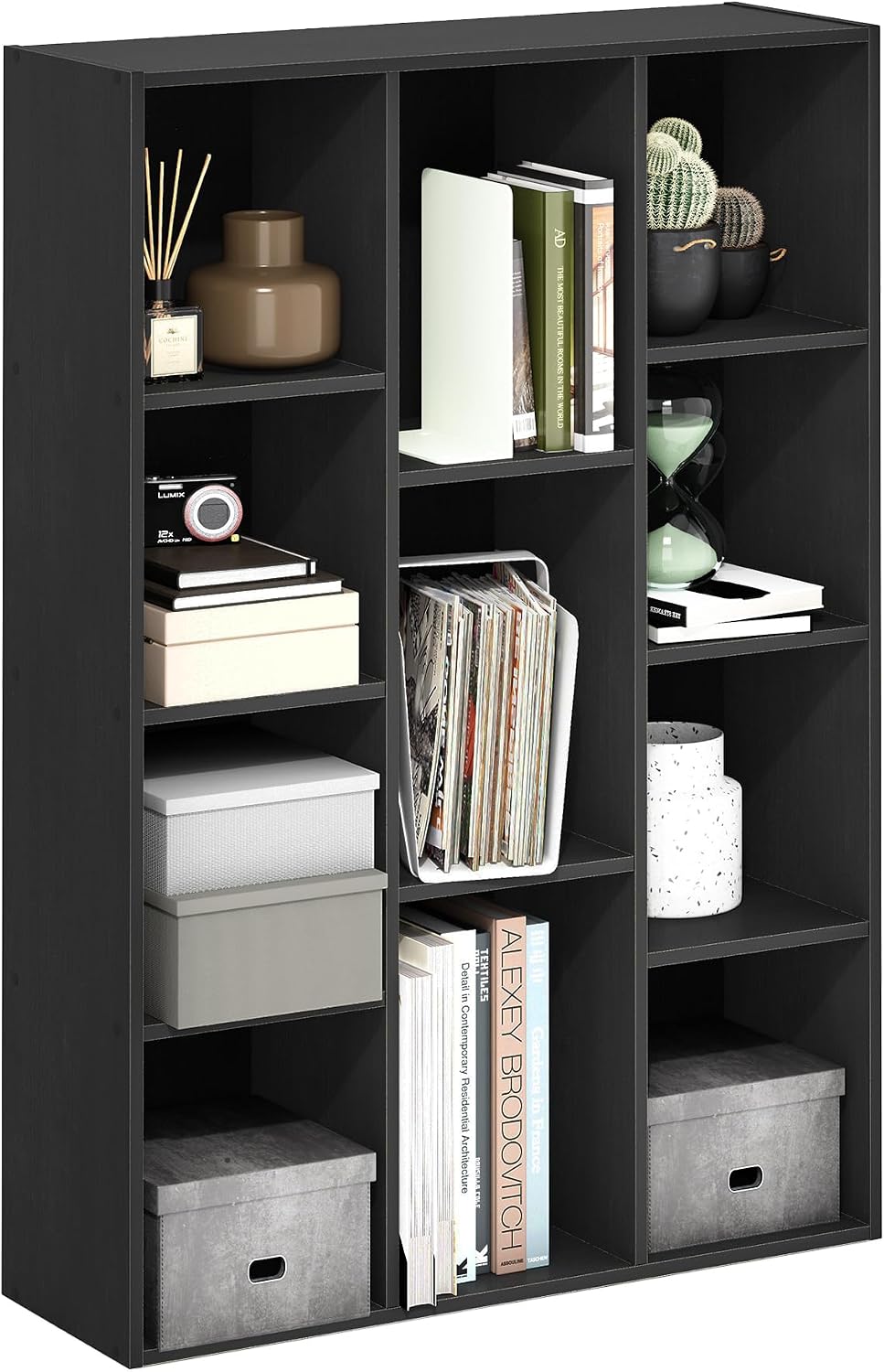 Furinno LUDER Book Shelf, 11-Cube Bookshelf, Reversible Bookcase, 9.4 x 29.1 x 41.7, Easy Assembly, for Living Room, Bedroom, Home Office, Blackwood