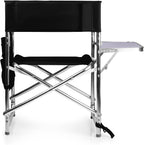 PICNIC TIME Sports Chair with Side Table and Armrest Caddy, Lightweight Aluminum Folding Outdoor Camping Chair for Adults, Portable Director Style Lawn Seating with Pockets & Carry Strap, (Black)