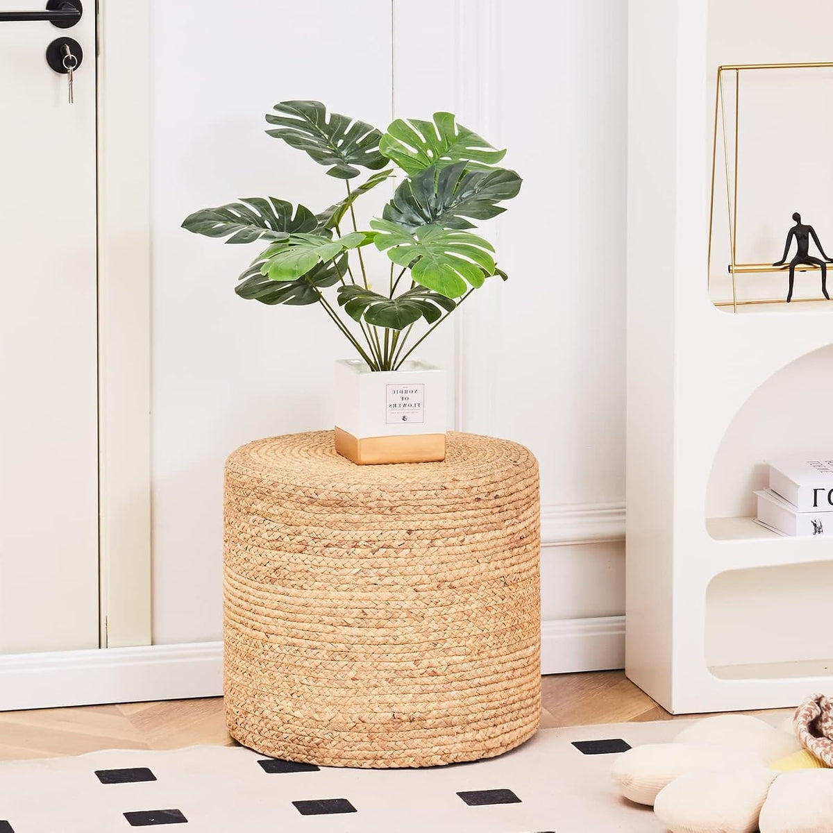 Wimarsbon 2Pcs Pouf Ottomans, Natural Seagrass Foot Stool, Hand Weaving Round Ottoman, Boho Decorative Seat, Jute Braided Pouffe Poof Accent Sitting Footrest (18inch Natural Water Hyacinth Braid)