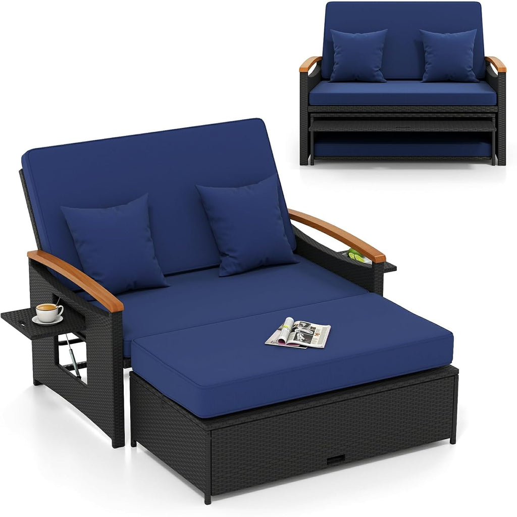 Moccha Outdoor Wicker Daybed, Patio Rattan Loveseat Sofa w/ 4-Level Adjustable Backrest, Folding Panels, Storage Ottoman & Cushions, Lounge Furniture Set for Poolside Backyard Porch (Navy & Black)