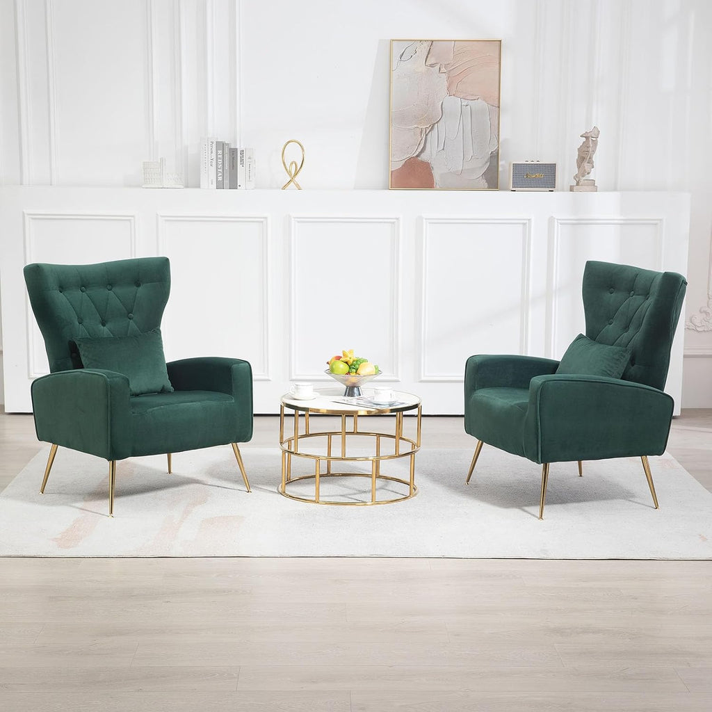 Button-Tufted Velvet Accent Chair, Mid Century Modern Living Room Chair with High Wingback, Upholstered Arm Chair with Metal Gold Legs for Bedroom, Club, Green