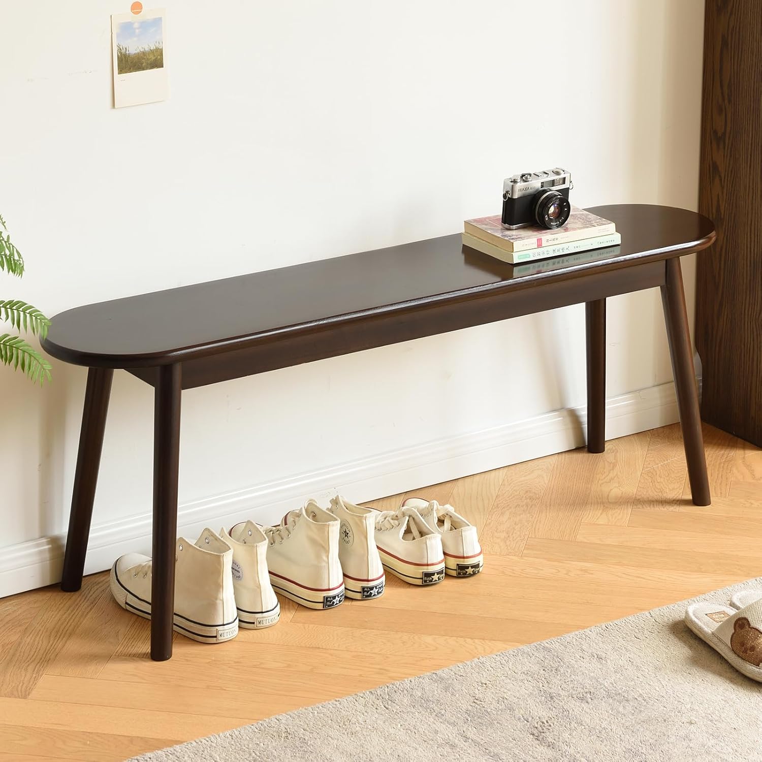 Walnut Solid Wood Bench, 39.4" L – Narrow Mid-Century Wooden Benches for Entryway, Kitchen, Dining, Bedroom & Shoe Storage