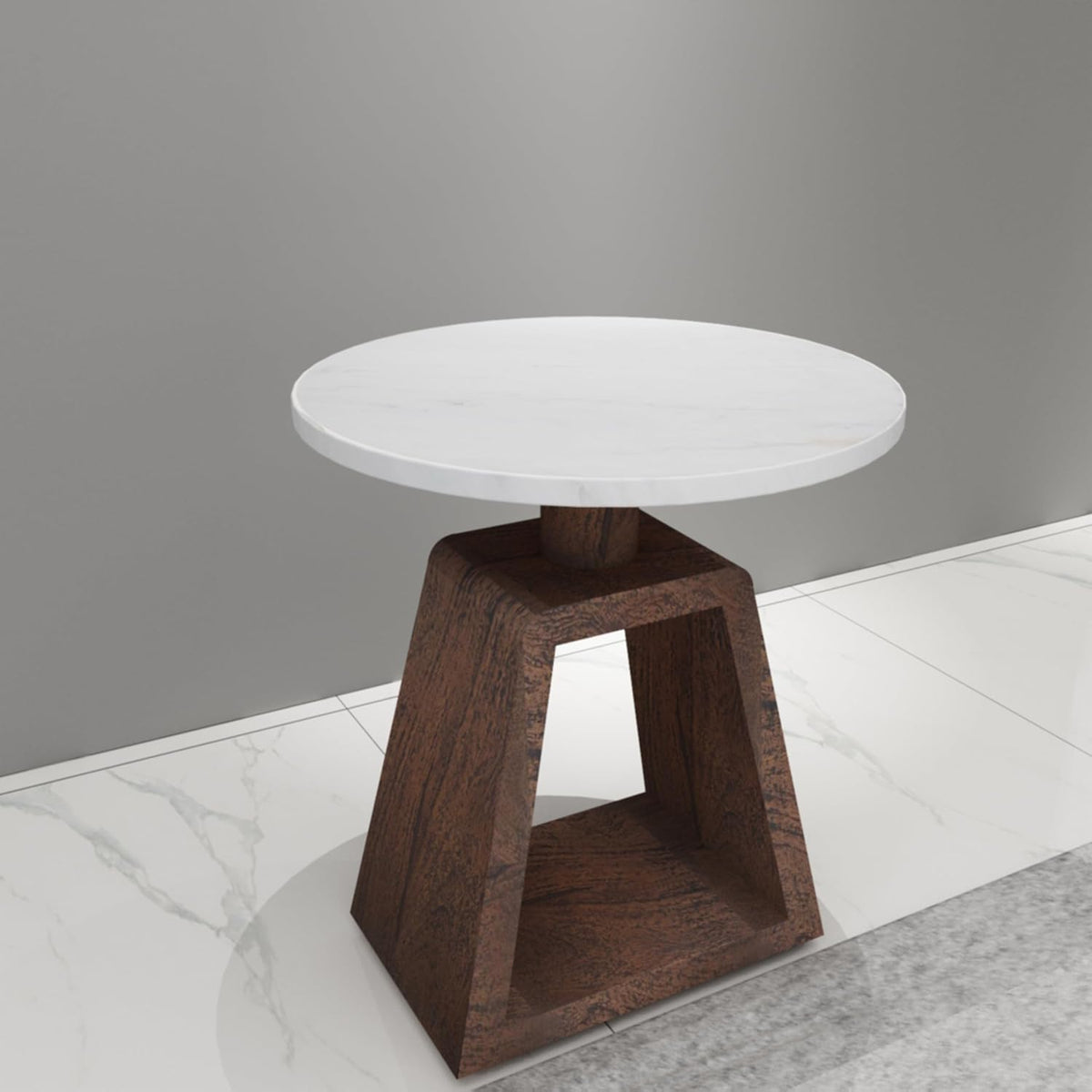 Port Blair Side End Table, 16.5 Inch Height, Round White Genuine Marble Top, Handcrafted Mango Wood Base, Modern Accent Table for Living Room, Bedroom, Entryway and Home Decor Display