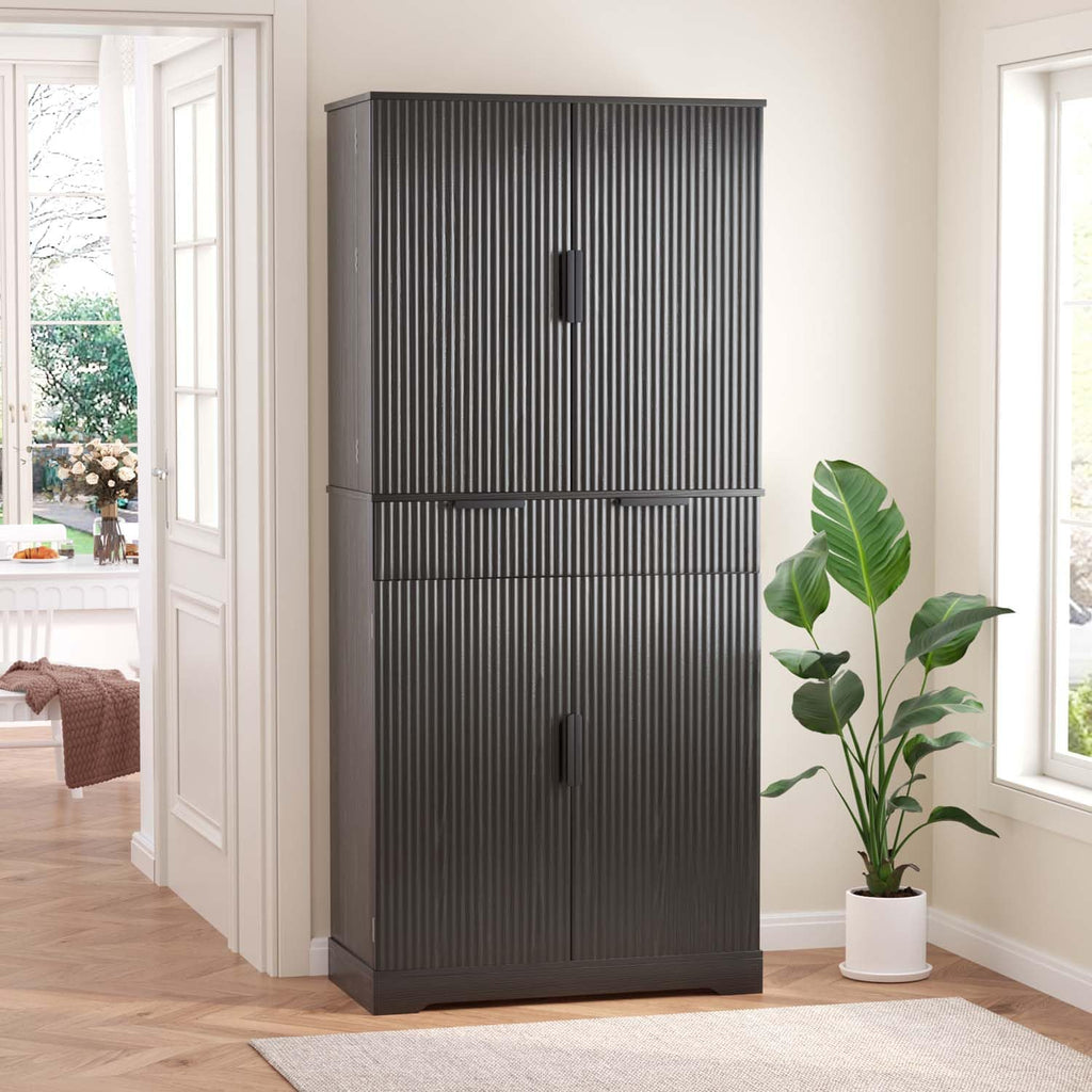 72" Fluted Kitchen Pantry Cabinet with Anti-Tip Safety, Free Standing Versatile Storage Cabinet with Drawers and Adjustable Shelves for Kitchen, Living Room, Dining, Office (Black)