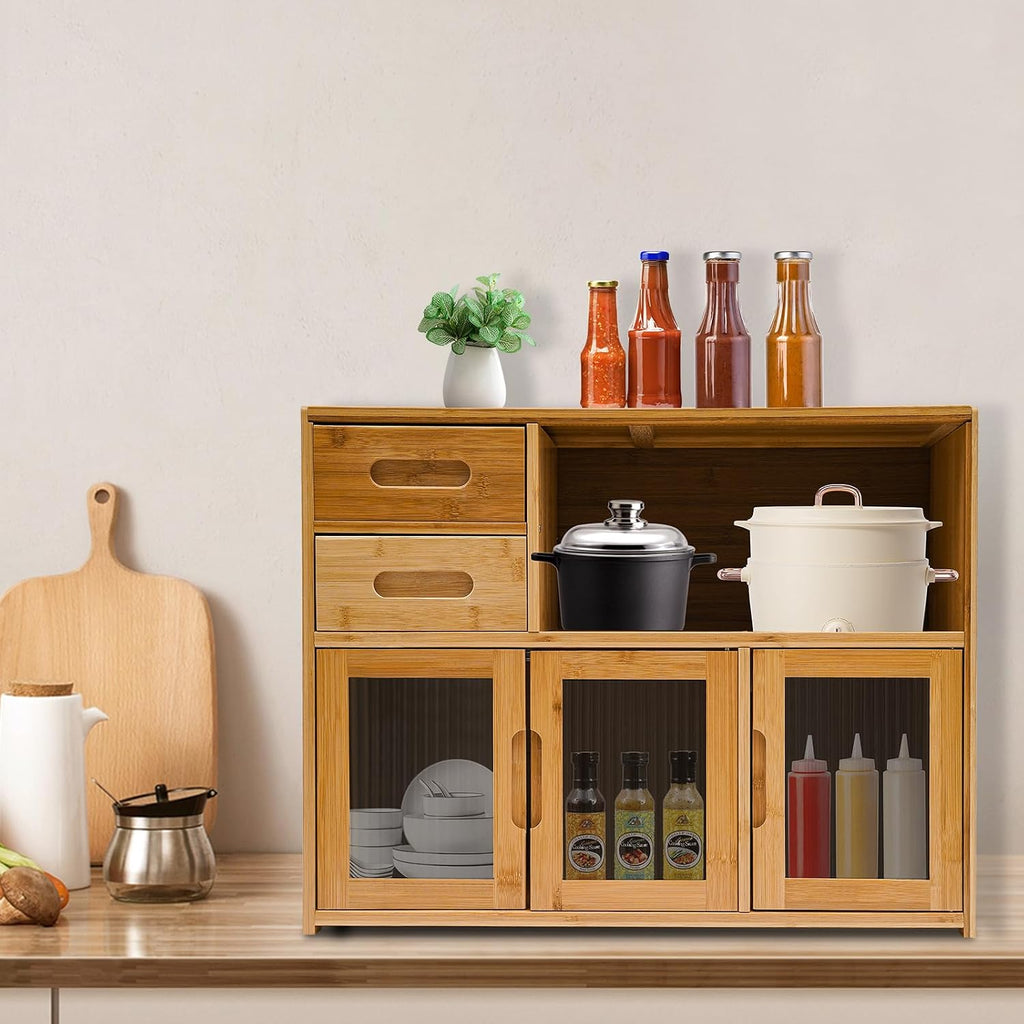Small Bamboo Kitchen Pantry Sideboard, with Two Drawers, One Open Space, Large Bottom Space with Doors, Freestanding Countertop Storage Cabinet for Bottles, Dish, Bowl, Console