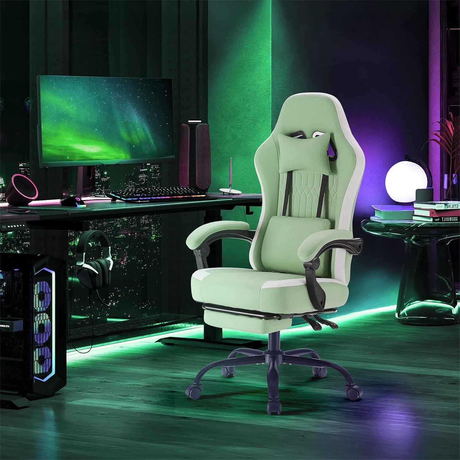 Sweetcrispy Gaming Chair, Ergonomic Computer Desk Chair, Lumbar Support | High Back Ergonomic Footrest, Height Adjustable Linkage Armrests Headrest, 360 Swivel Wheels Fabric, Green