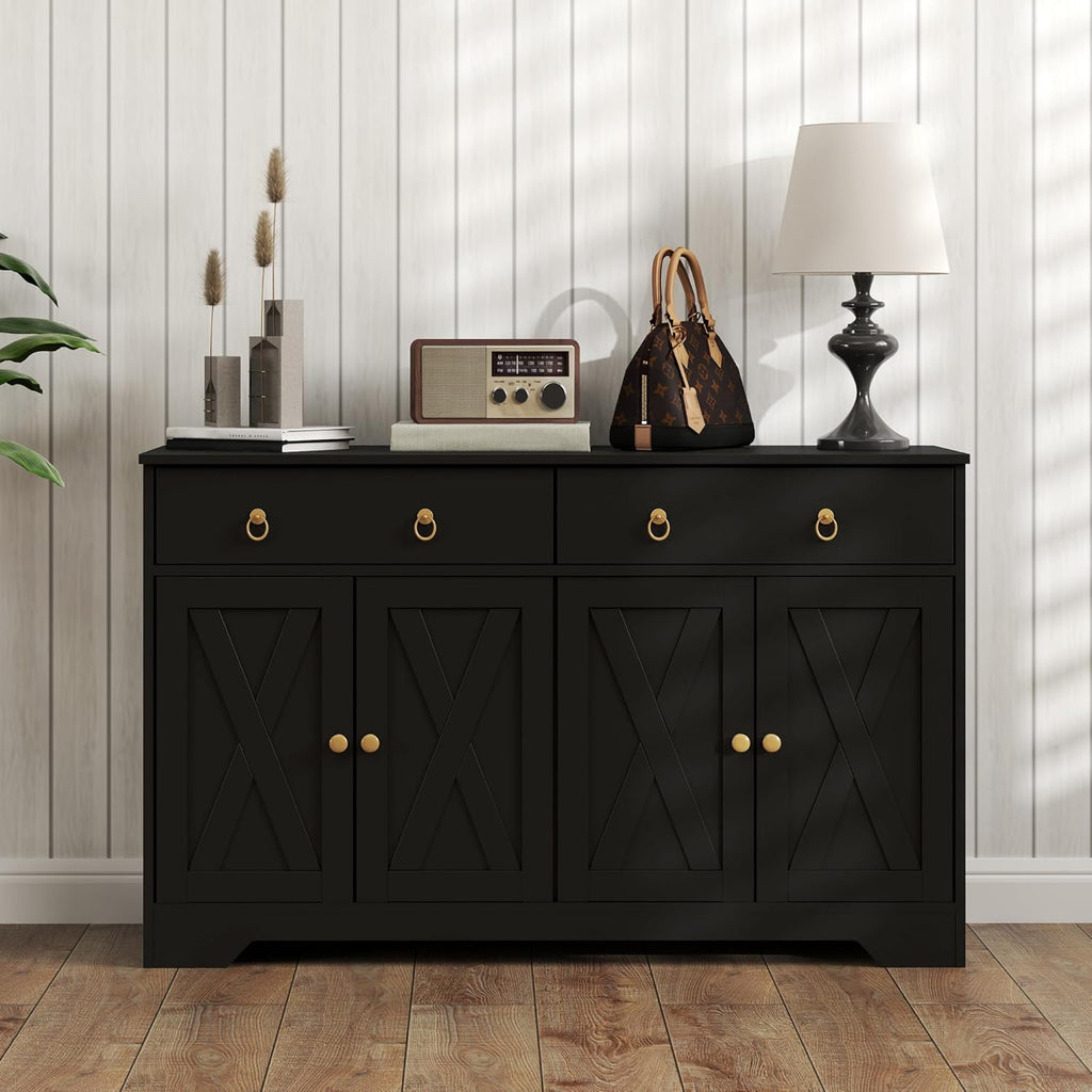 HOMCOM 48" Sideboard Buffet with Storage, Kitchen Storage Cabinet with 2 Drawers and 4 Barn Doors, Farmhouse Coffee Bar Cabinet with Adjustable Shelves, Black