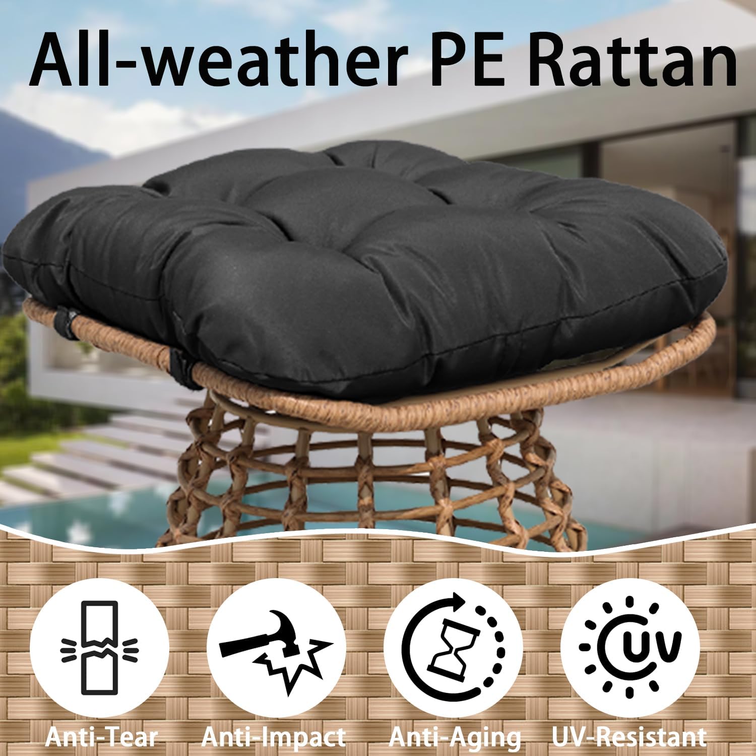 Outdoor Wicker Patio Ottomans Set of 2 rotatable Outdoor Footrest Small Seating, Large Wide Footrest, PE Rattan Thicken Cushioned Footrest, All-Weather Wicker Furniture for Balcony, Porch (YB)