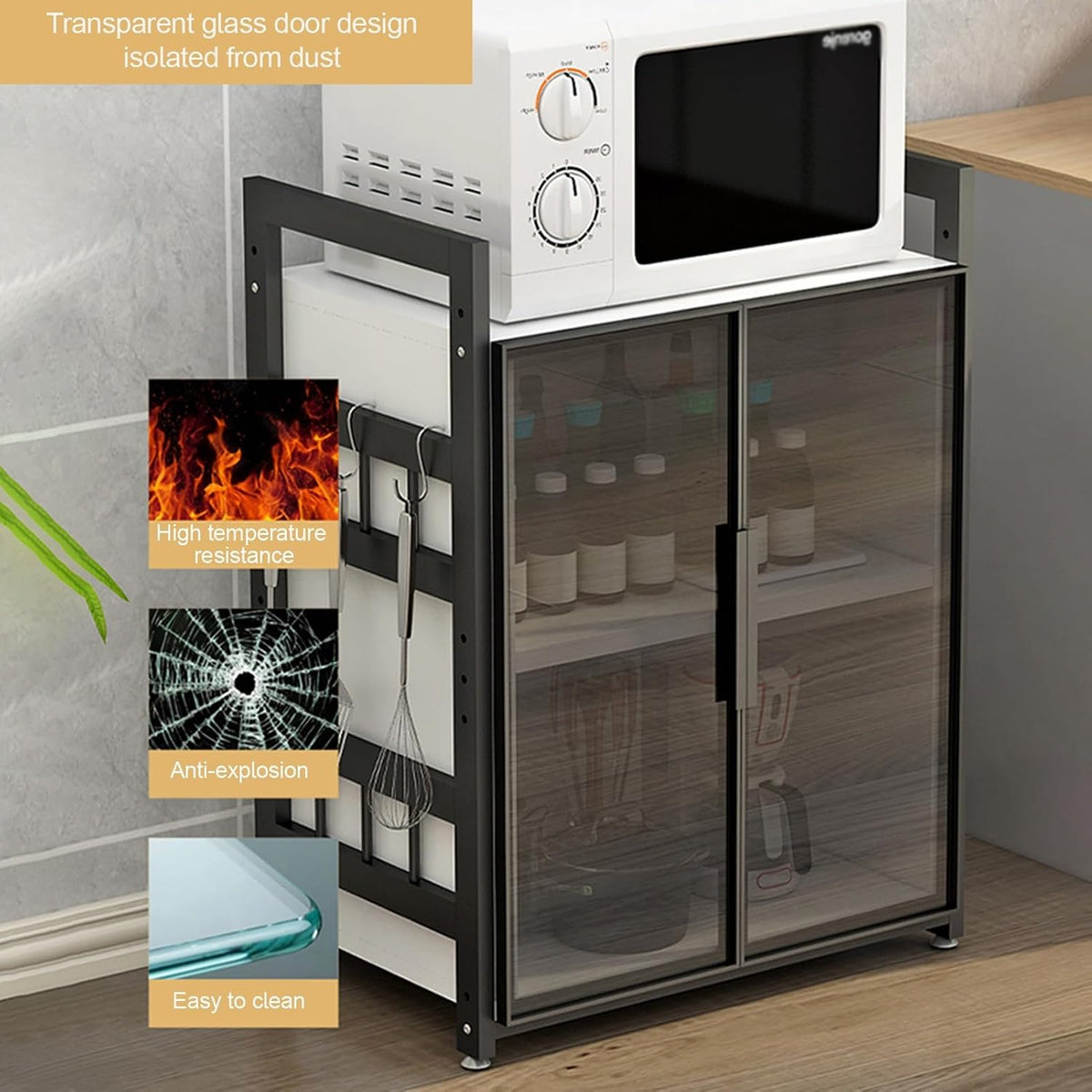 Kitchen Storage Cabinet with Adjustable Shelves Glass Door and Microw Stand Freestanding Cupboard for Dining Room Living Room and Study Room Oven Rack and Bakers Rack Modern Storage Solution