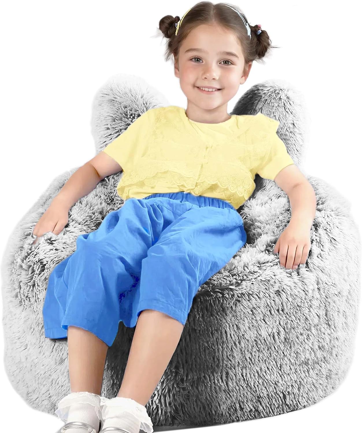 Fluffy Bean Bag Chair for Kids, with Plush Faux Fur Cover, 2.5FT Memory Foam Bean Bag Chairs for Teens & Kids, Ultra Soft Sofa for Living Room/Bedroom/Dorm,Grey