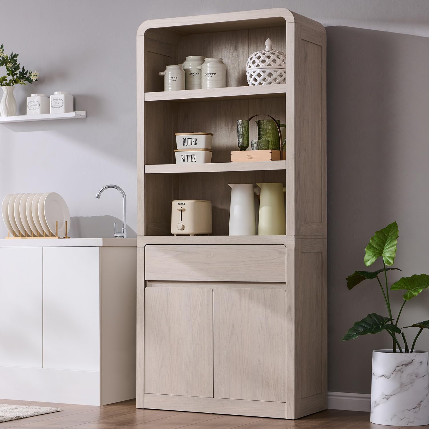 72" Tall Kitchen Pantry Cabinet, Wood Pantry Storage Cabinet w/Drawer, Hutch Cabinet with Adjustable Shelves, Freestanding Morden Versatile Cupboard for Living Room, Bathroom, Cream