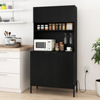 LOKO 64.5” Tall Kitchen Pantry Cabinet, Buffet Sideboard with Charging Station, Modern Wine Bar Cabinet with Wine Glass Rack, Kitchen Hutch Cupboard for Dining Room, Living Room (Black)