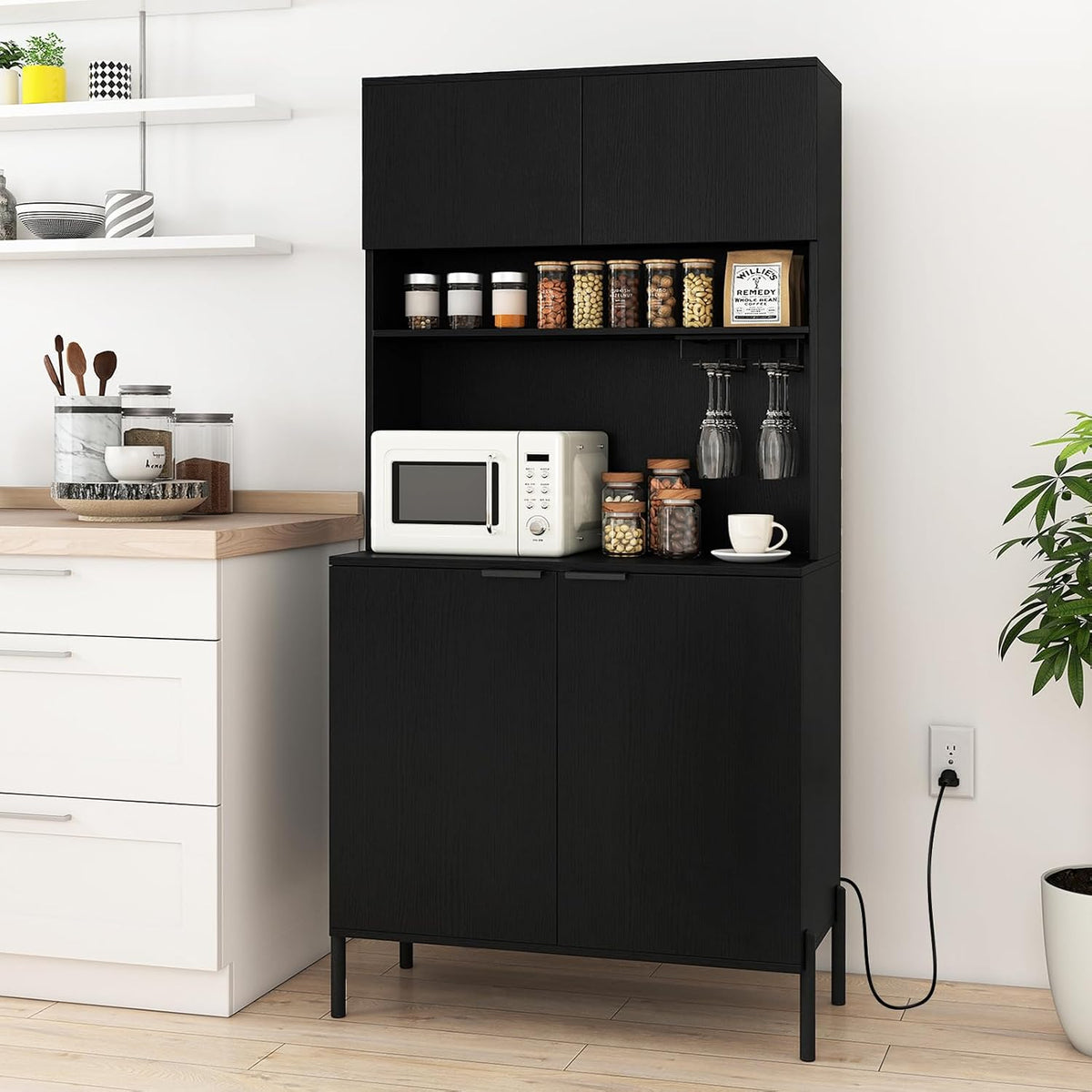 LOKO 64.5” Tall Kitchen Pantry Cabinet, Buffet Sideboard with Charging Station, Modern Wine Bar Cabinet with Wine Glass Rack, Kitchen Hutch Cupboard for Dining Room, Living Room (Black)