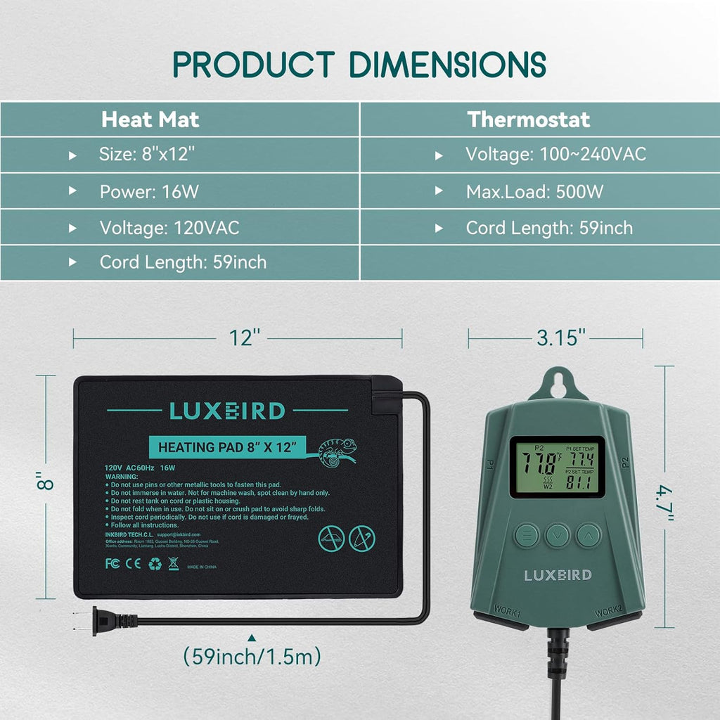 Luxbird Reptile Heating Pad 8x12 Inch with Dual Output Reptile Thermostat LB-2SC Combo Set Under Tank Terrarium Heating Mat for Turtles, Lizards, Frogs, and Other Reptiles