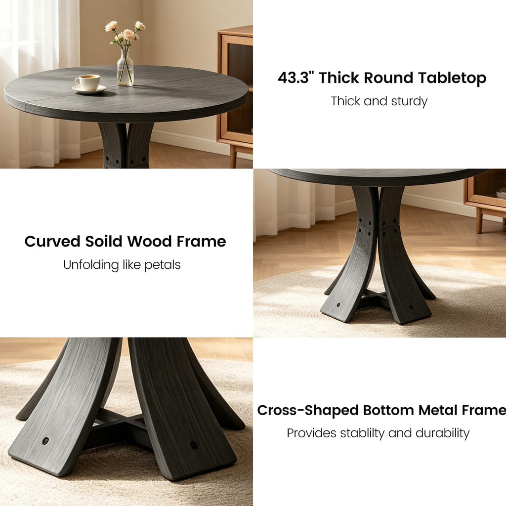 43.3" Round Dining Table for 4-6 People, Farmhouse Kitchen Table for 4-6, Mid Century Modern Circle Dining Table with Curved Solid Wood Frame for Kitchen Dining Room, Black
