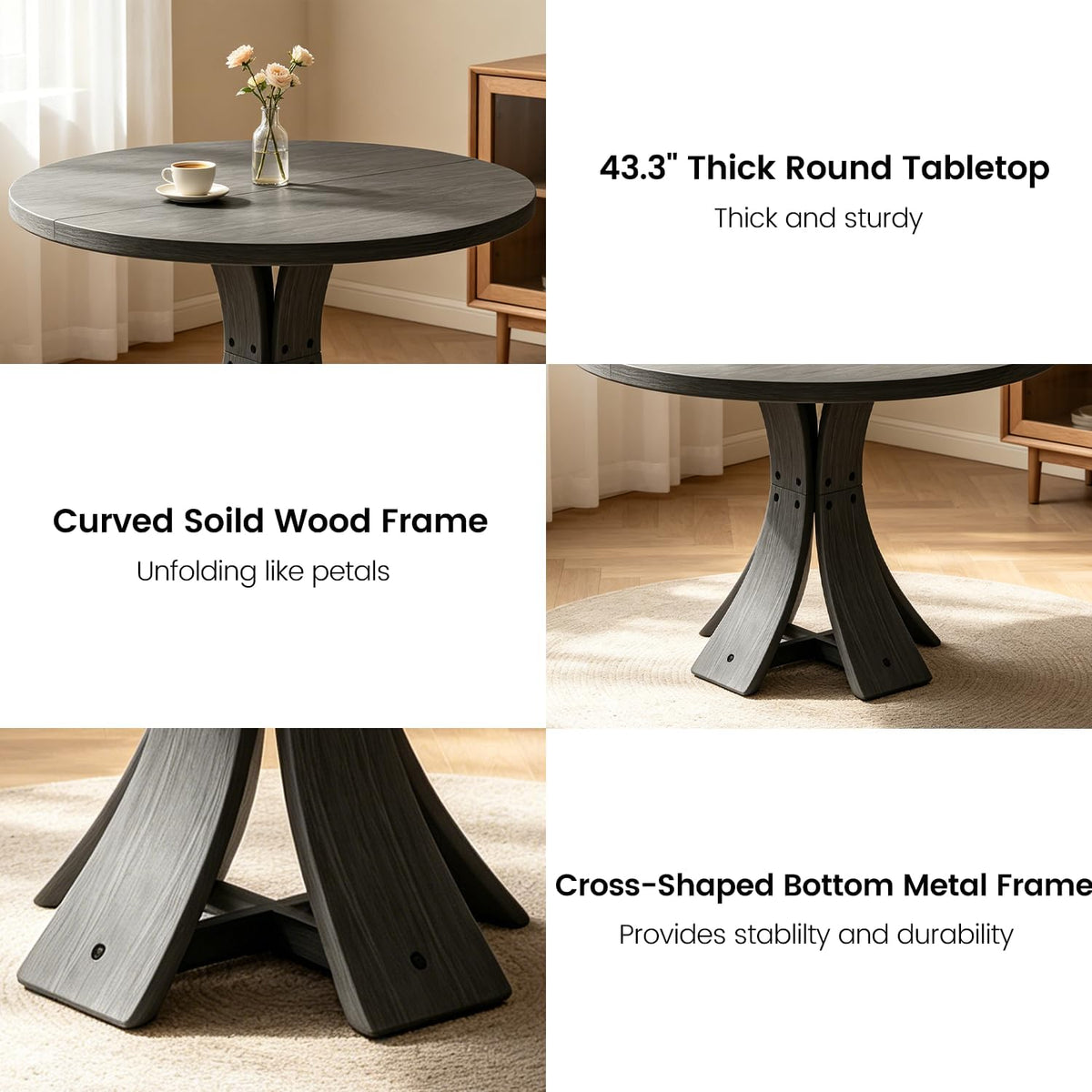 43.3" Round Dining Table for 4-6 People, Farmhouse Kitchen Table for 4-6, Mid Century Modern Circle Dining Table with Curved Solid Wood Frame for Kitchen Dining Room, Black
