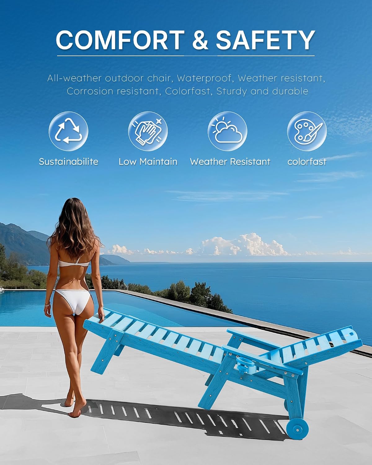 Patio Chaise Lounge Chair Outdoor with Wheels, Oversize Patio Lounge Chairs with Wood Texture, HDPE 6-Position Plastic Lounge Chairs for Poolside, Patio, Deck, Beach，Blue