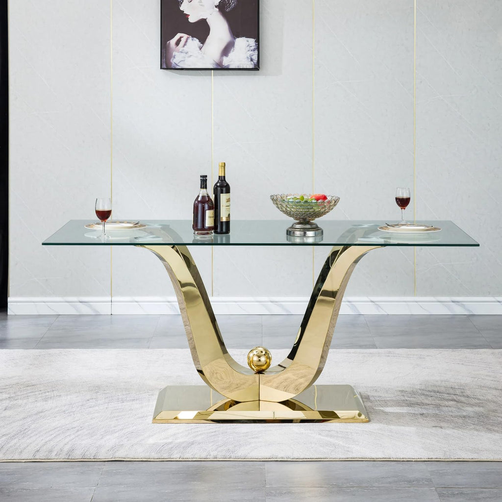 70" Modern Glass Dining Table for 6-8, Luxury Gold Glass Dining Room Table with Mirrored Floral-Shape Stainless Steel Base, Rectangle Kitchen Dinner Tables for Dining Room Kitchen