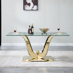 70" Modern Glass Dining Table for 6-8, Luxury Gold Glass Dining Room Table with Mirrored Floral-Shape Stainless Steel Base, Rectangle Kitchen Dinner Tables for Dining Room Kitchen