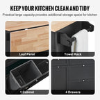 VEVOR Kitchen Island Cart, 50" Wood Top Breakfast Bar with Trash Cabinet Tilt Out 10 Gallon Storage, Farmhouse Dining Living Room Table with Drop Leaf, Towel Bar, Drawer, Black