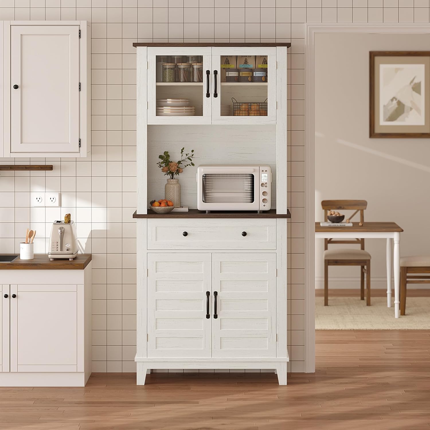 IDEALHOUSE Modern 72-Inch Freestanding Pantry Cabinet – Buffet Hutch with Adjustable Shelves, Large Drawer, Glass & Wooden Doors, Open Storage – Brown & White Contrast – Perfect for Dining Room,