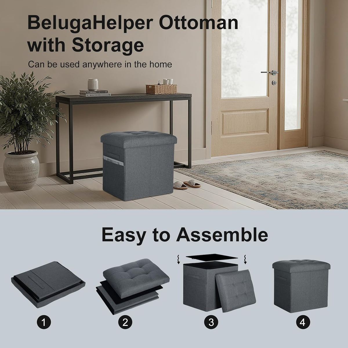 Storage Ottoman, Upgraded 17" High Foot Stools Ottoman for Dorm, Dark Gray | Folding Linen Foot Rest with Thicker Foam Padded Seat. Small Ottoman for Living Room with Side Pocket & Handles, 17x13x17in