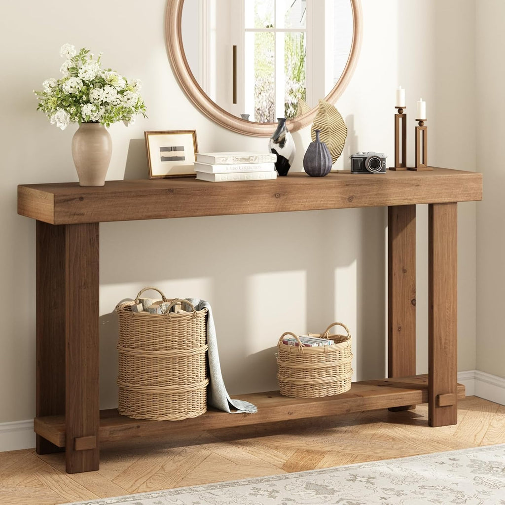 55.1" Long Solid Wood Console Table, Farmhouse Narrow Sofa Table | with Storage Shelf, Thickened Tabletop and Legs, Easy Assembly, Behind the Sofa or Couch, for Living Room, Hallway, Entry
