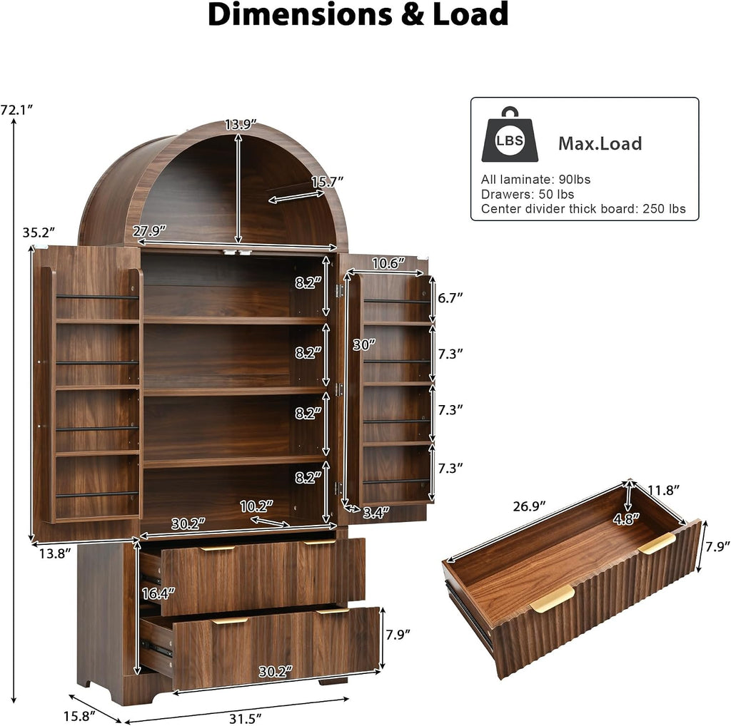 Polibi 72" Tall Arched Kitchen Pantry Cabinet with 2 Drawers & 8 Adjustable Door Shelves, Mid-Century Modern Fluted Storage Cabinet,Wooden Food Cupboard Organizer Buffet Hutch, Walnut