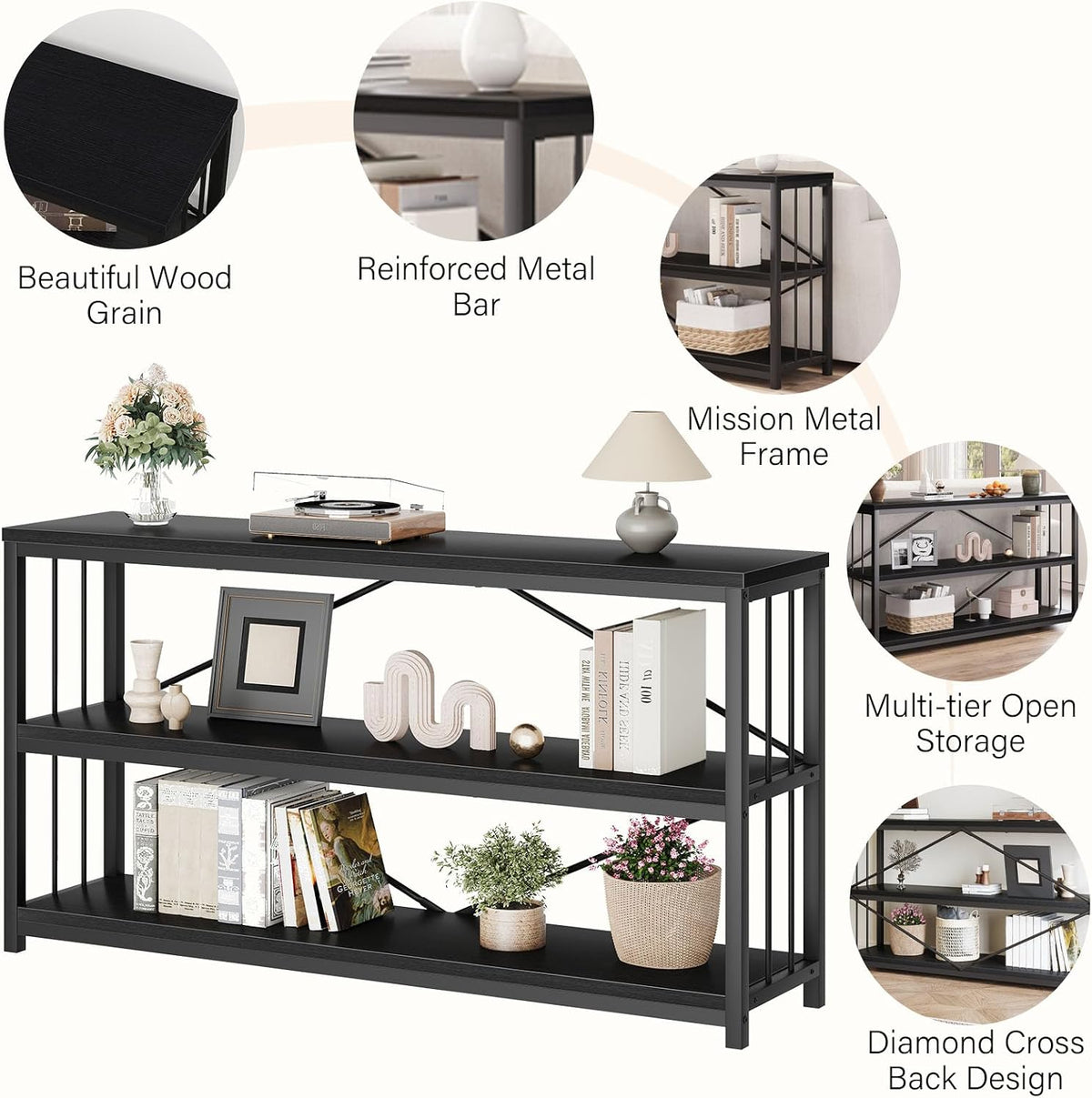 LVB Farmhouse Industrial Console Table for Home, Black Oak, 70 Inch | Wood Metal Foyer Entryway Sofa Tables with Storage, 3 Tier Long Rustic Entry Table TV Stand with Shelves for Home Living Room